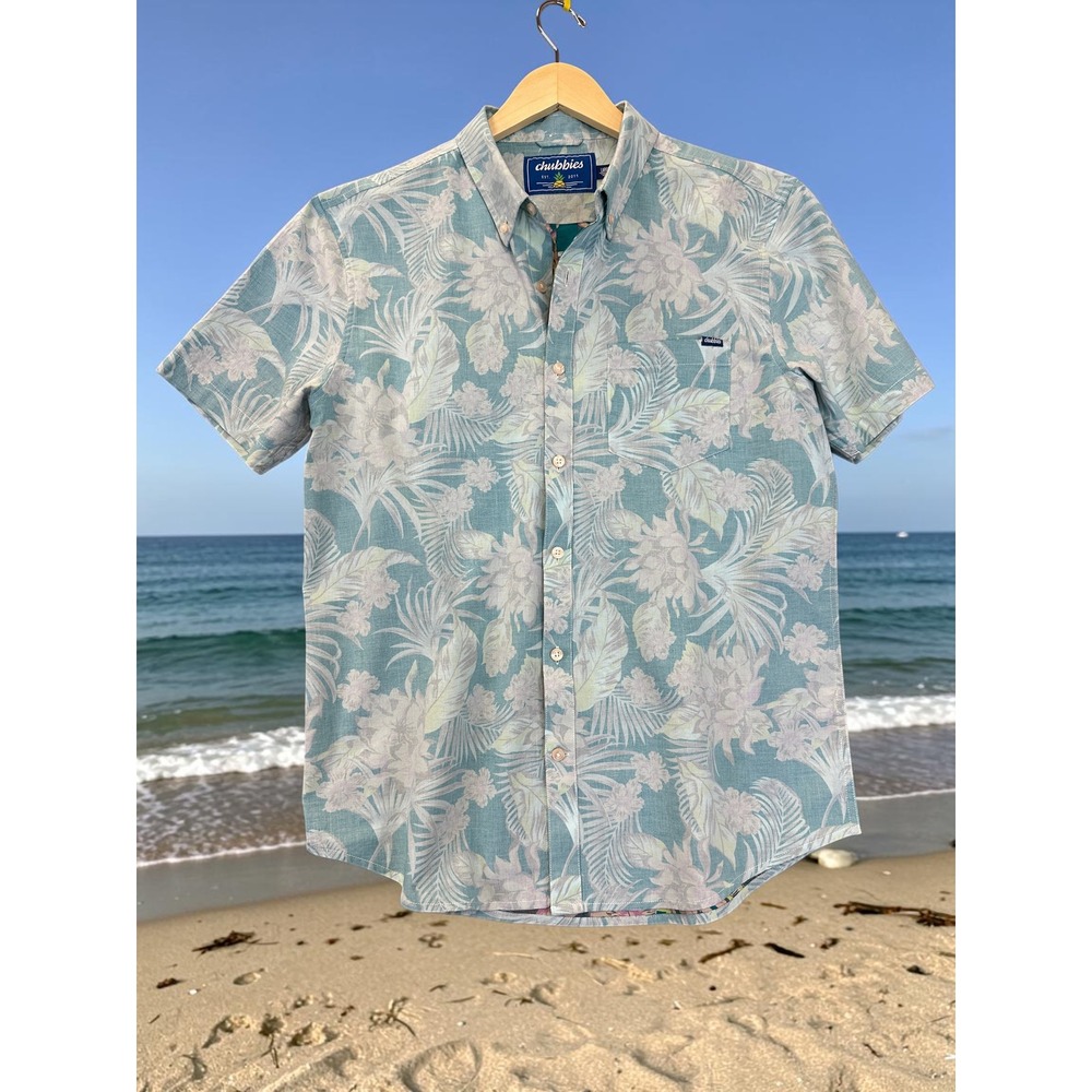 Chubbies Short Sleeve Shirt Mens L Blue White Floral Palm Tropical Reverse Print